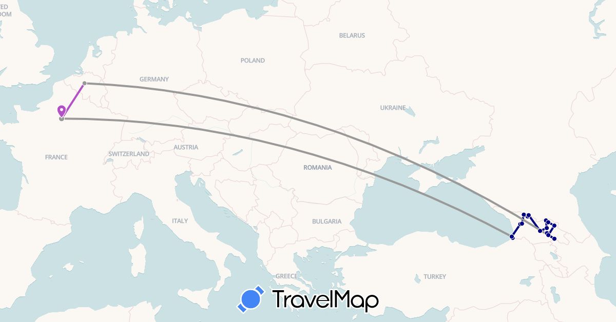 TravelMap itinerary: driving, plane, train in Belgium, France, Georgia (Asia, Europe)